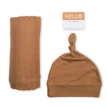 Tan baby hat and swaddle blanket