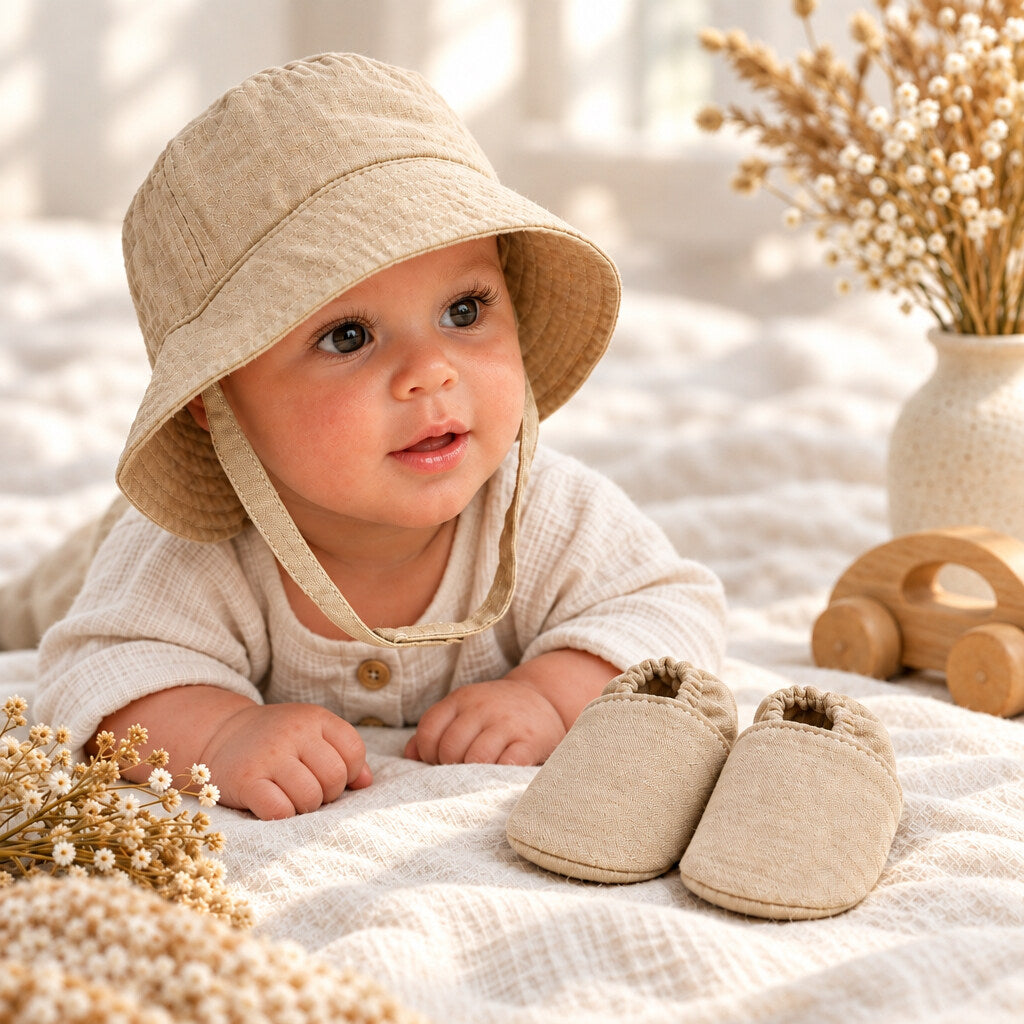 Taupe baby sun hat and matching booties set for 0-12 months
