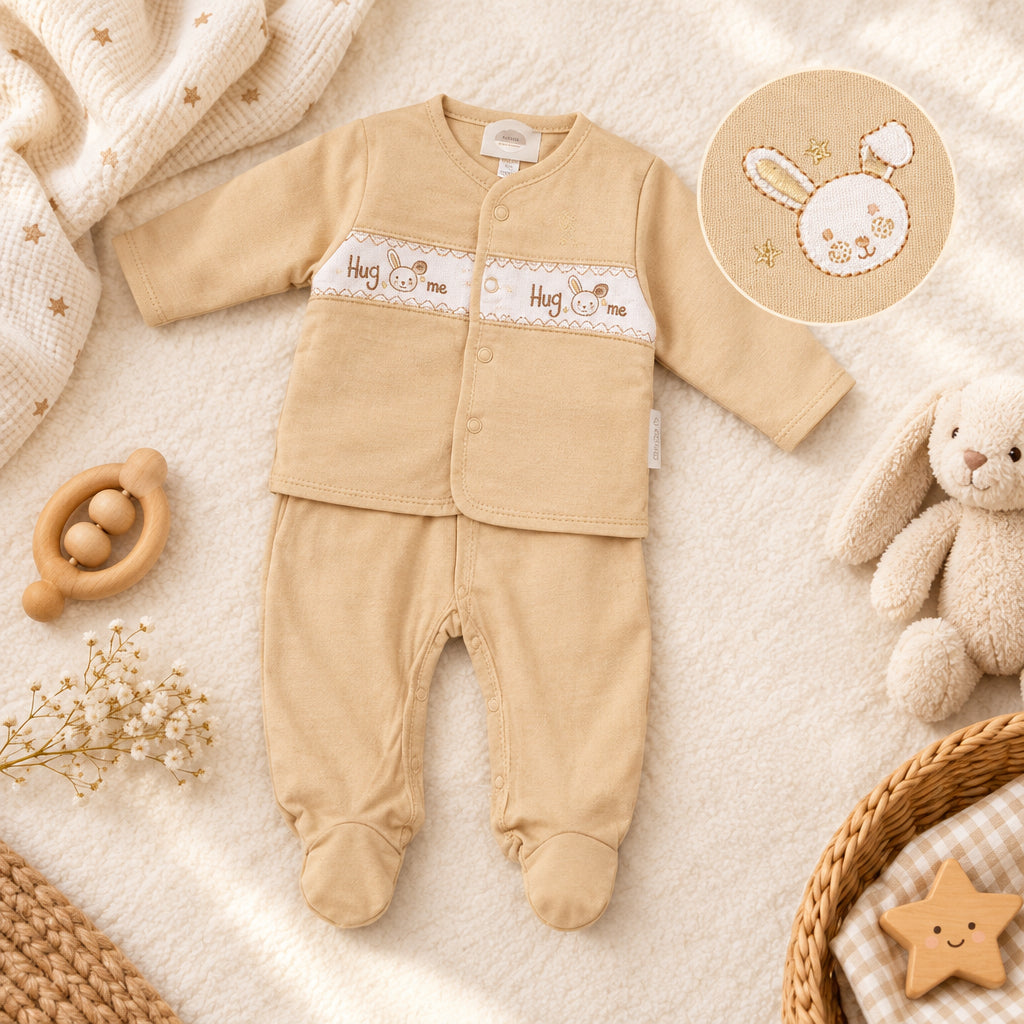 Taupe unisex baby velour 2 piece set with embroidery and applique