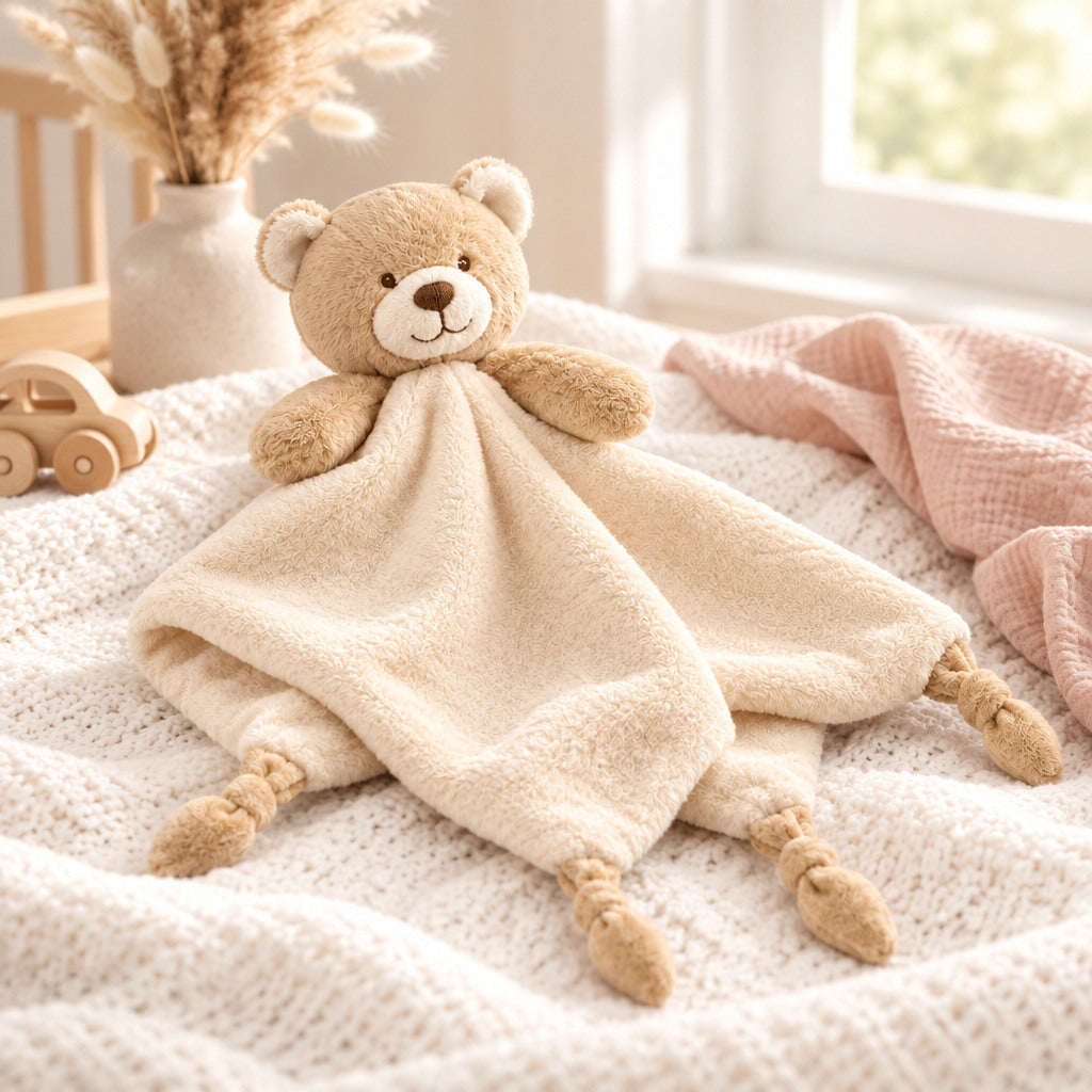 Taupe bear baby comforter with knotted corners and built-in rattle