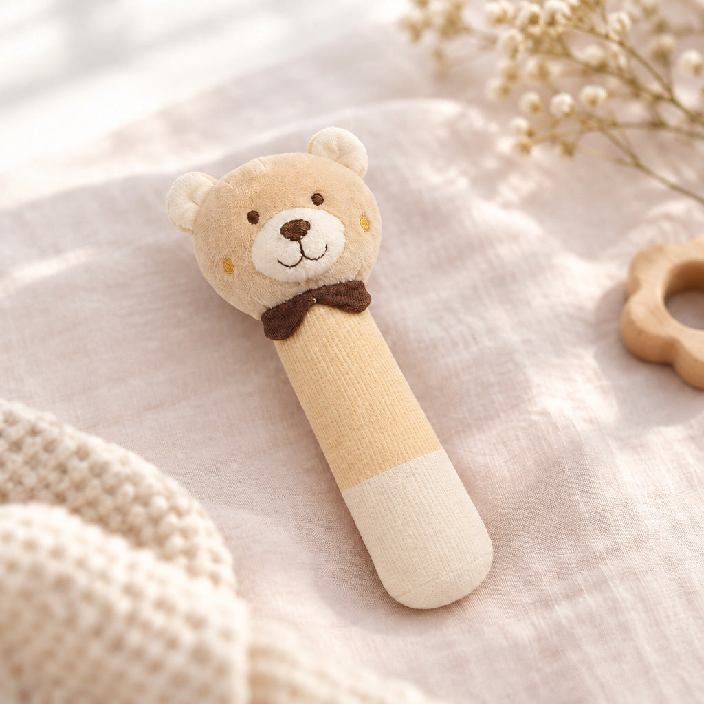Taupe bear baby squeaker toy made from 100% polyester, measuring 16 cm