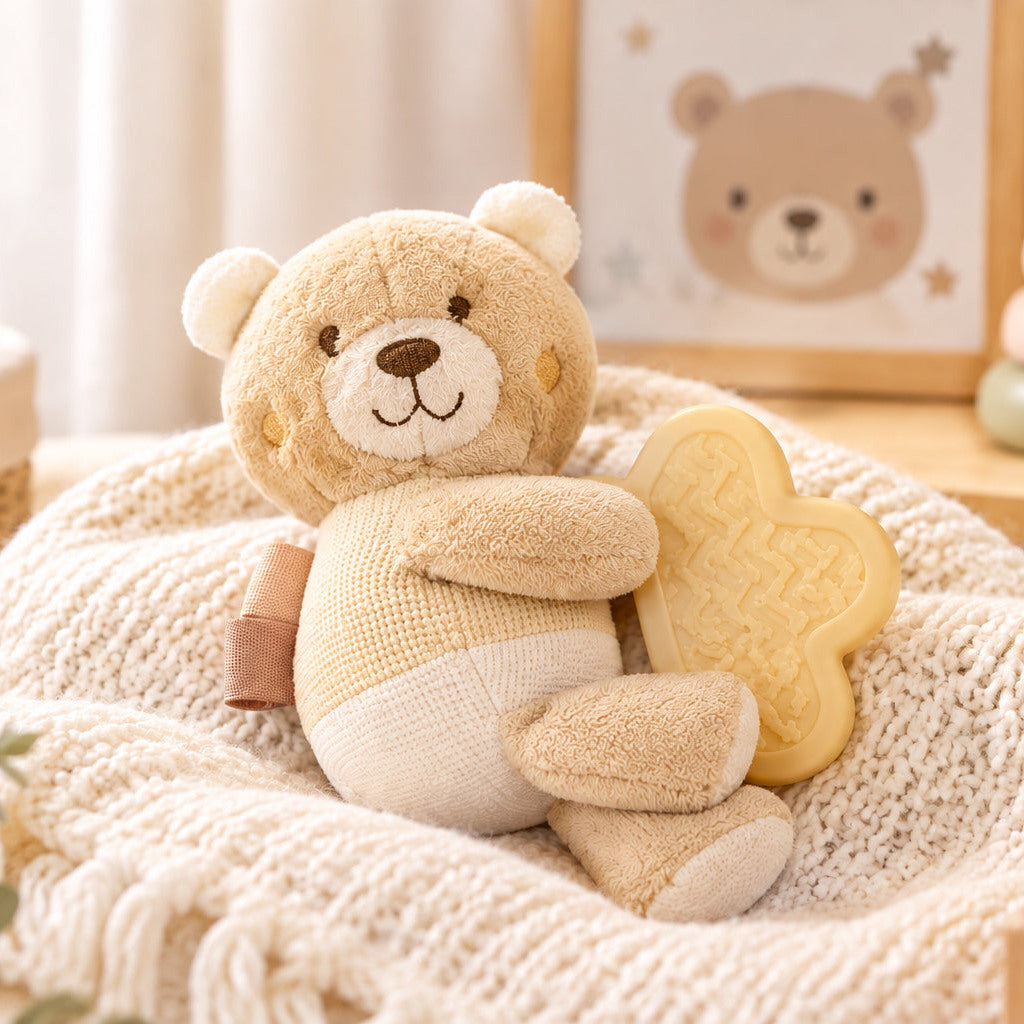 Taupe bear soft toy with a large teether, 14 cm