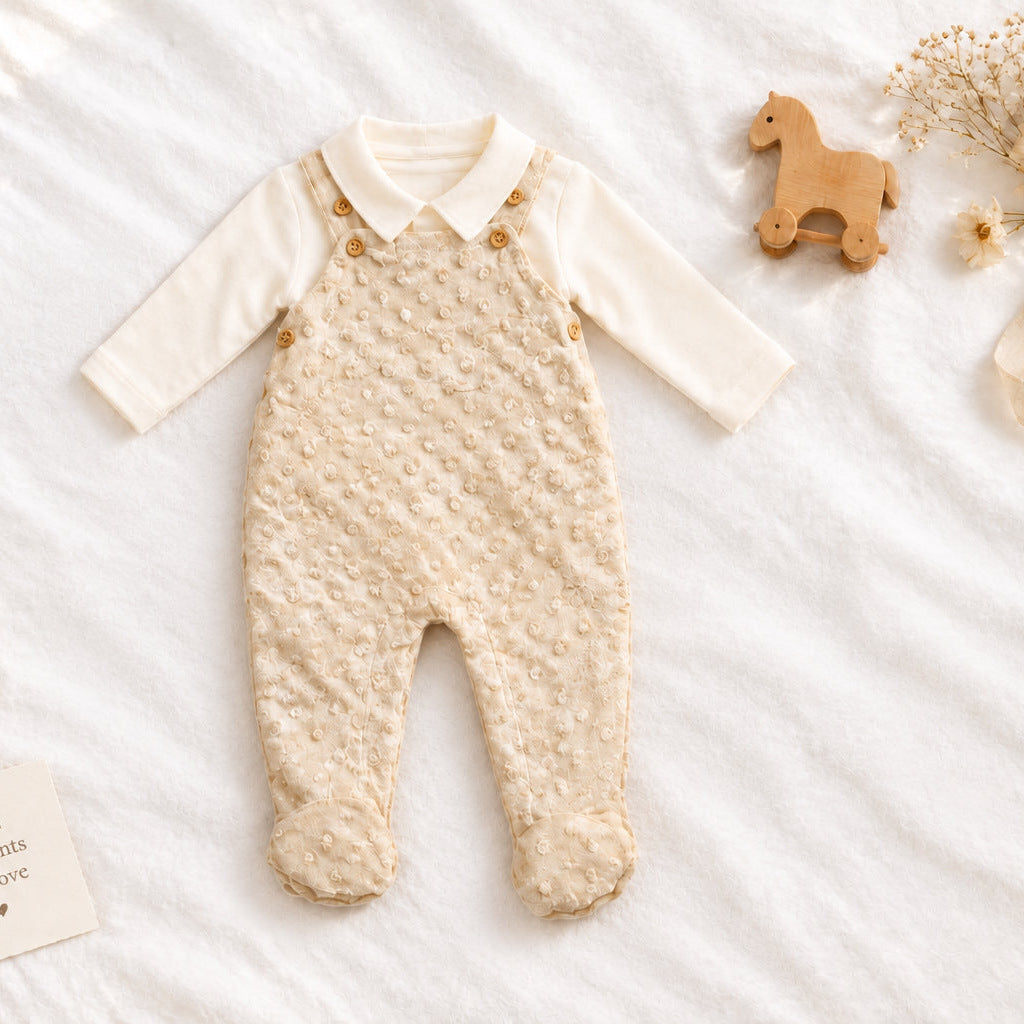Taupe dimple dot unisex baby dungaree set with matching T-shirt