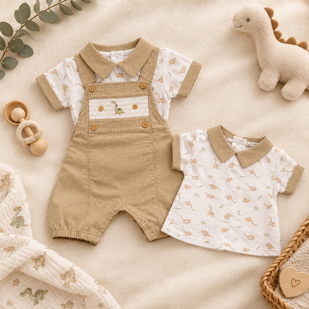 Taupe baby boy 2 piece dungaree set with dinosaur design in 100% cotton