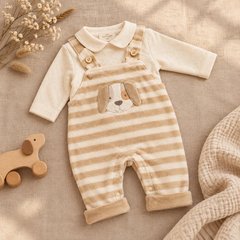 Taupe and white dog baby boys velour dungaree set with open legs
