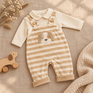 Taupe and white dog baby boys velour dungaree set with open legs