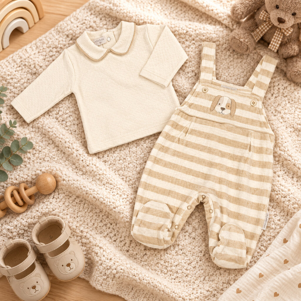Taupe velour baby dungaree set with dog embroidery and appliqué detail