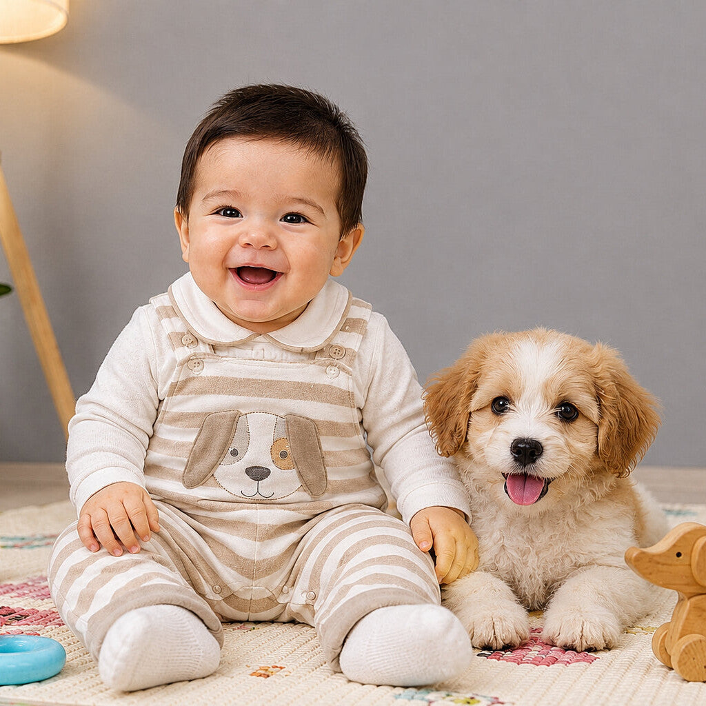 Taupe velour baby dungaree set with dog embroidery and open-leg detail
