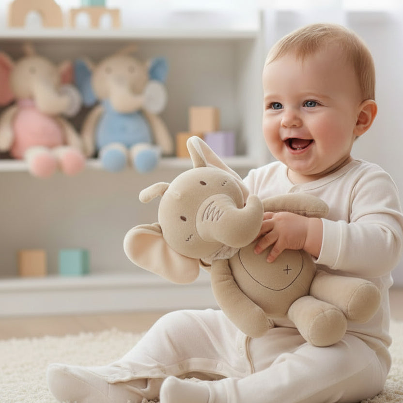 Taupe elephant baby rattle soft toy measuring 33 cm