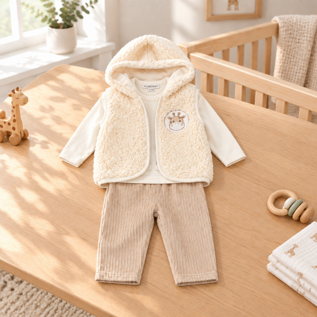 Taupe giraffe unisex baby three piece outfit with hooded vest