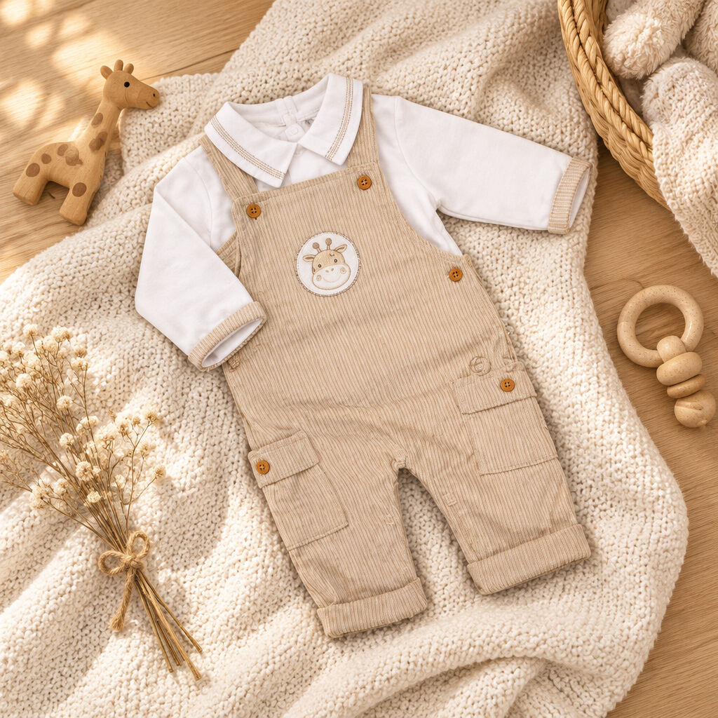 Taupe giraffe unisex baby dungaree two piece set