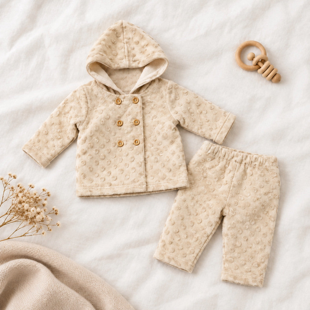 Taupe hooded dimple dot unisex baby two piece set with buttons