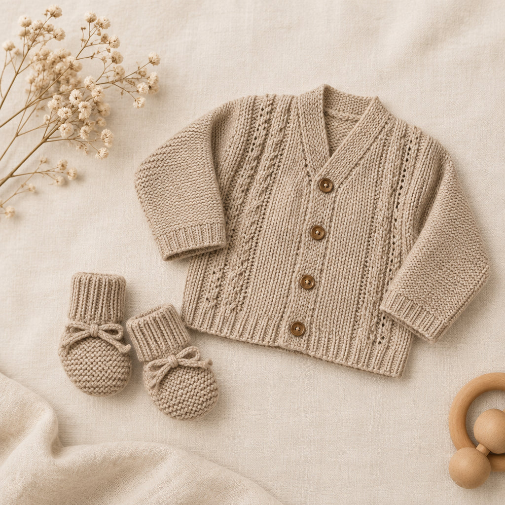 Taupe knitted baby cardigan and matching booties set