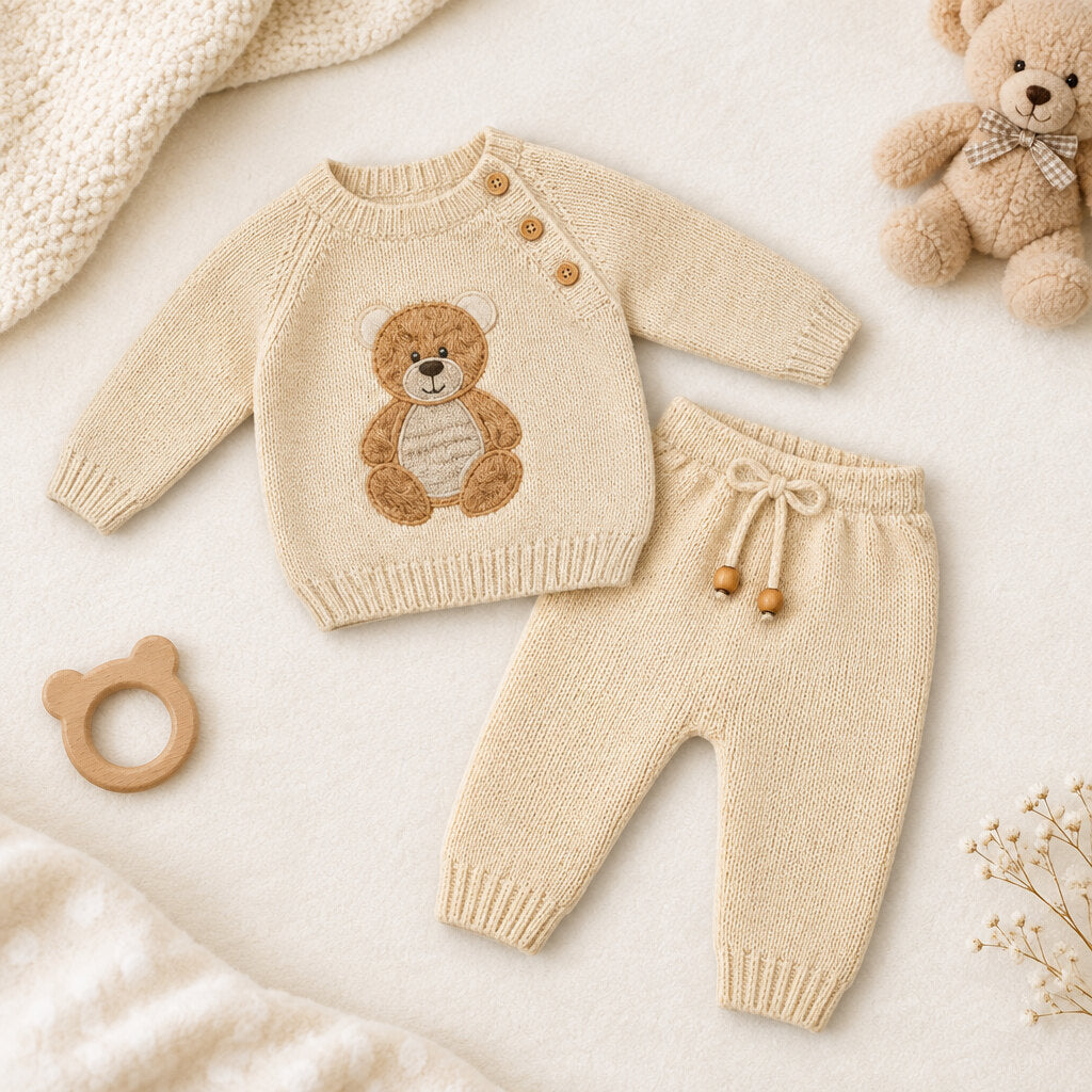 Taupe knitted unisex baby 2 piece teddy set in 100% acrylic