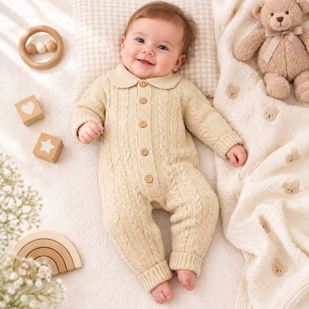 Taupe knitted unisex baby all-in-one with buttons in 100% acrylic