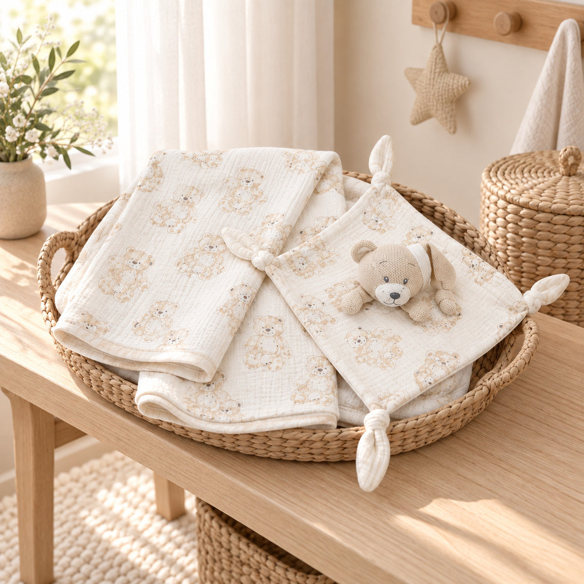Taupe muslin baby blanket and bear comforter gift set
