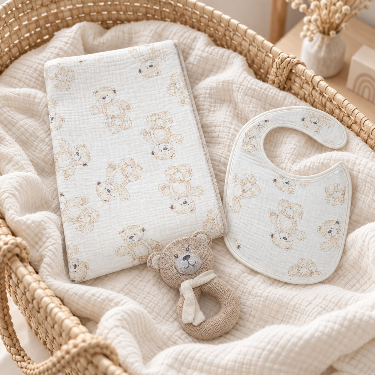 Taupe muslin baby blanket, bib and bear rattle gift set