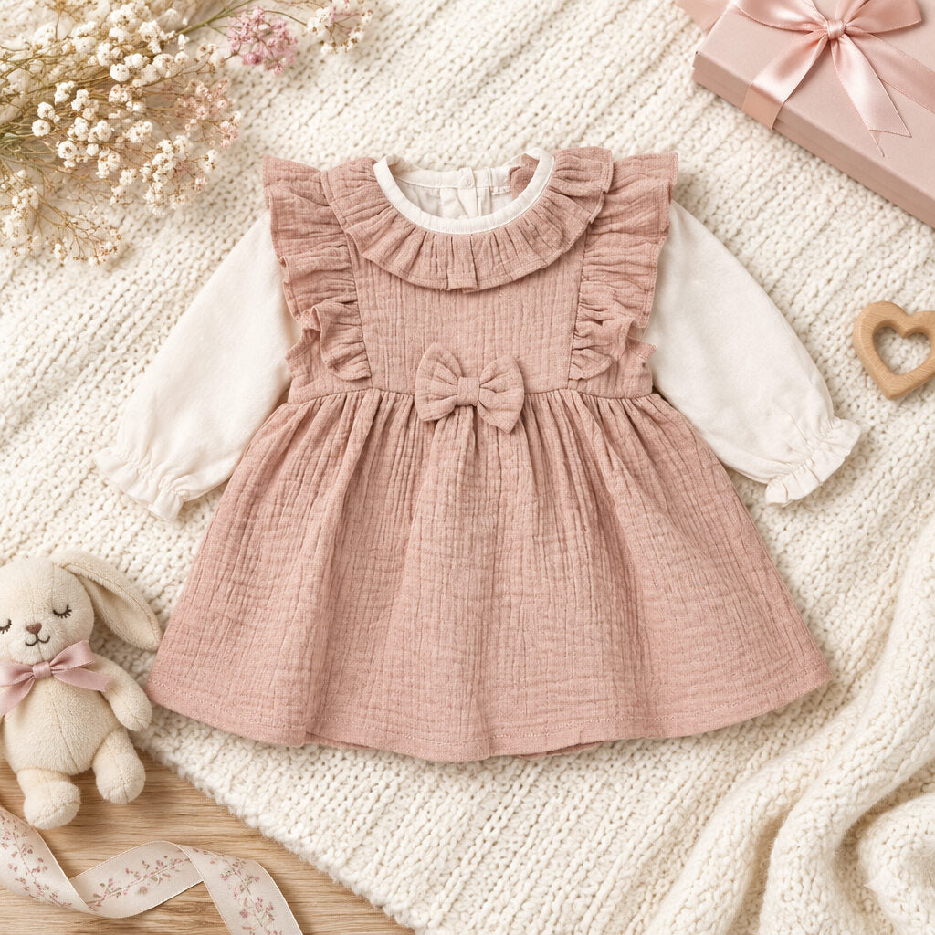 Taupe and off-white baby girl two-piece dress set with bow detail