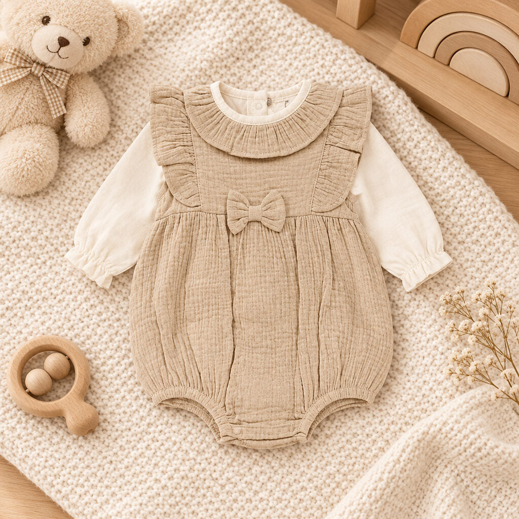 Taupe and off-white baby girl two-piece romper set with bow detail