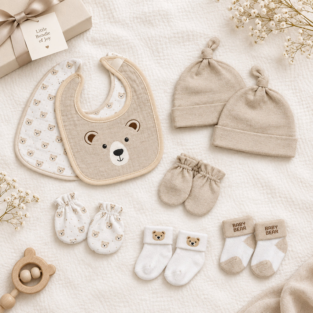 Taupe teddy 8 piece newborn baby gift set with bibs hats mittens and socks