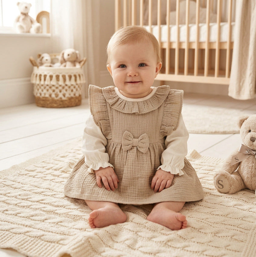 Taupe and off-white baby girl two-piece dress set with bow detail