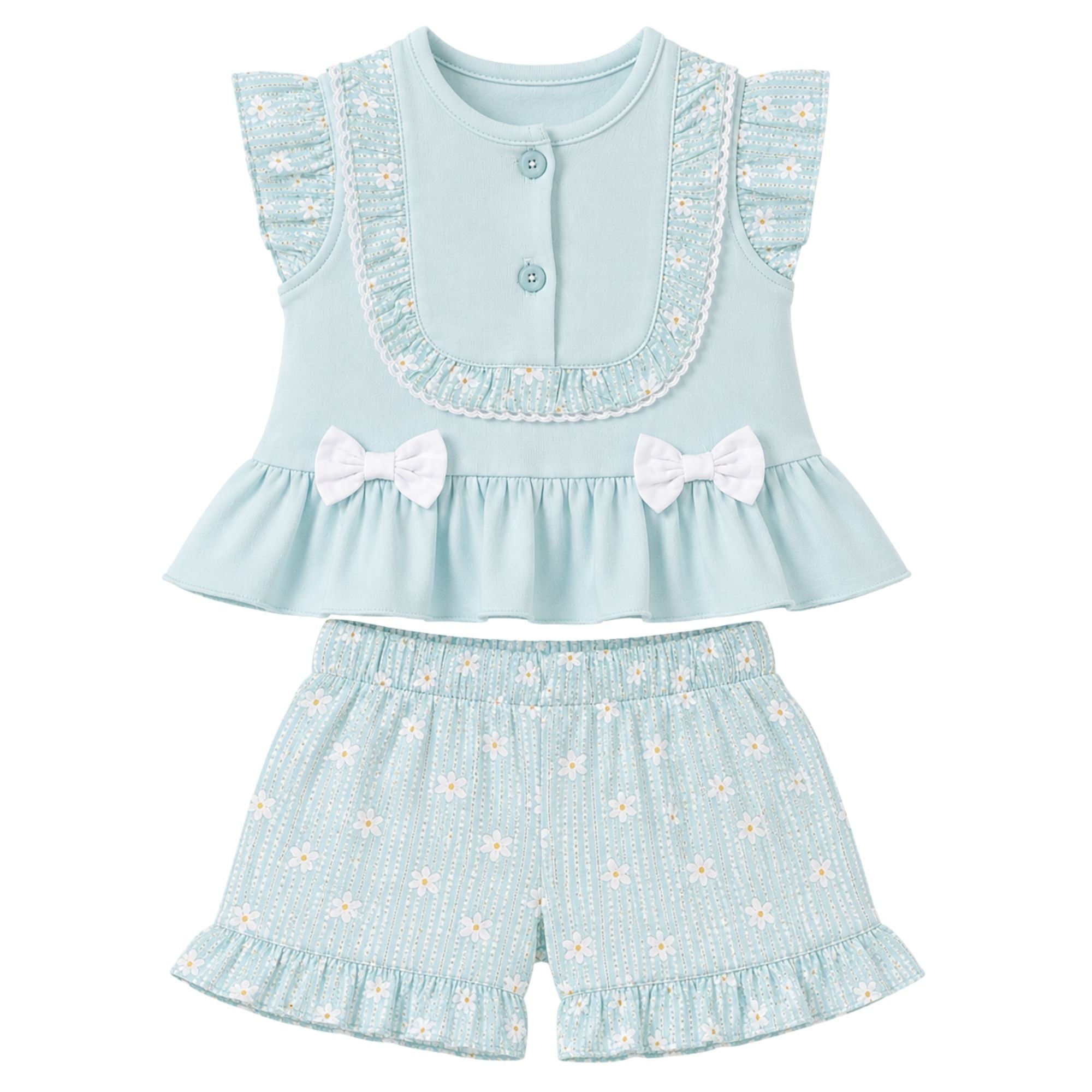 Baby girls blue woven blouse and floral shorts set with frill sleeves. Two piece baby clothes outfit shown flat on white background.