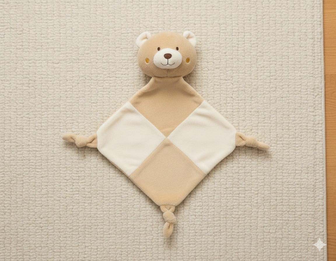 A teddy bear cmforter soother with a built in rattle
