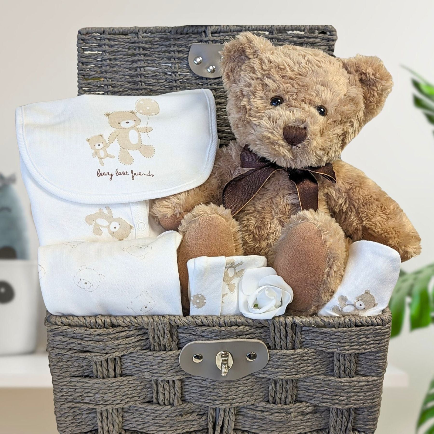 teddy bear gift hamper basket with clothing