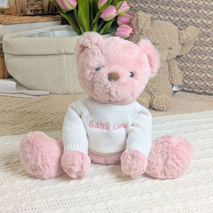 Pink teddy bear with a jumper and personalisation