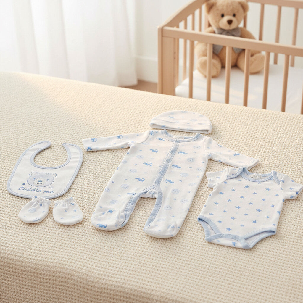 Baby boy white and blue clothing set with a Teddy Bear face on the bib
