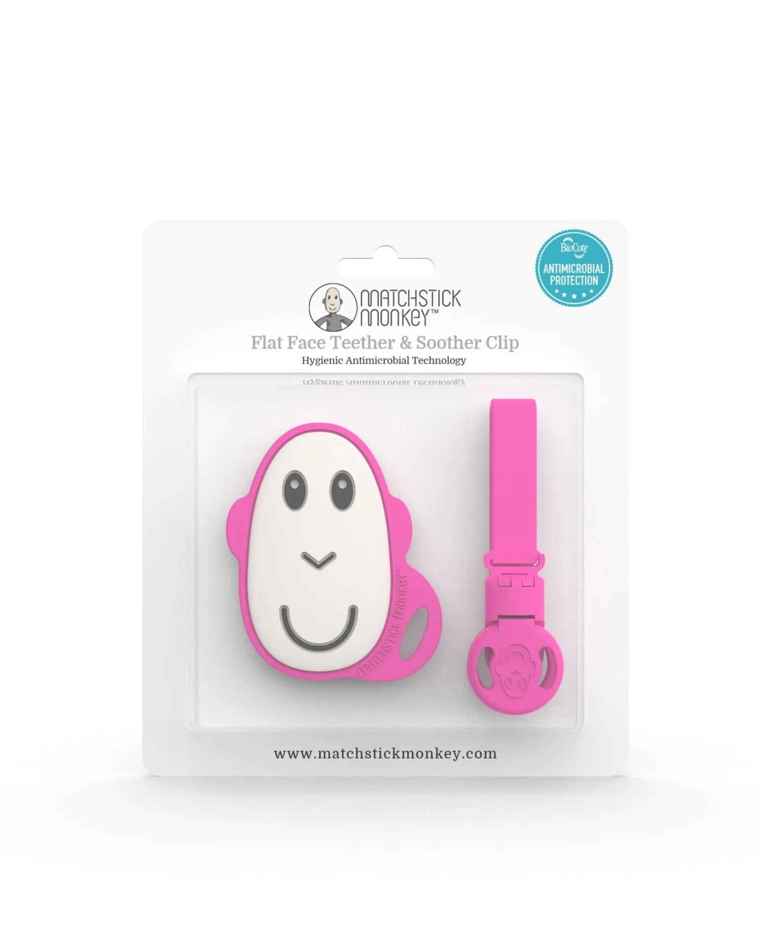 Matchstick Monkey pink monkey teether and soother clip set