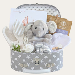 Small baby shower gifts hamper with soft elephant toy and indulgent presents for mum. Ideal baby shower present.