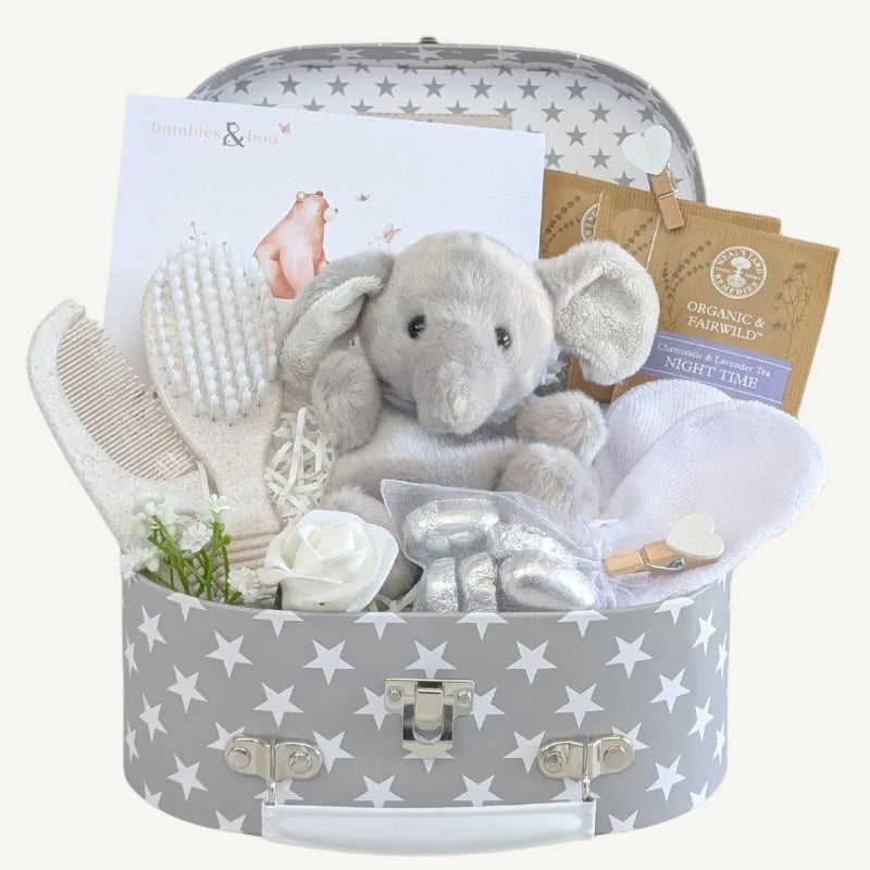 Small baby shower gifts hamper with soft elephant toy and indulgent presents for mum. Ideal baby shower present.