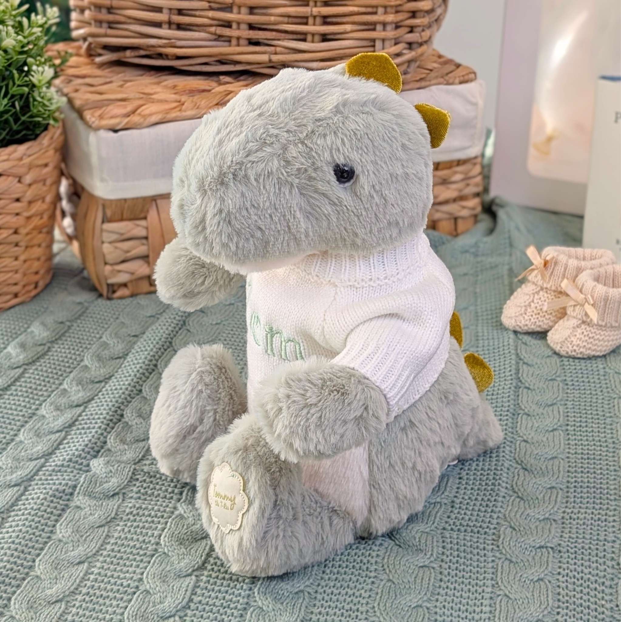 tommy a green cuddly dinosaur soft toy with personalisation