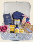 Pamper treat trunk filled with adorable treats for a special friend. Sent a hug in the post with these pamper gifts. Organic skincare, chocolate stirrer, organic tea, soap roses, relaxation candle and more.