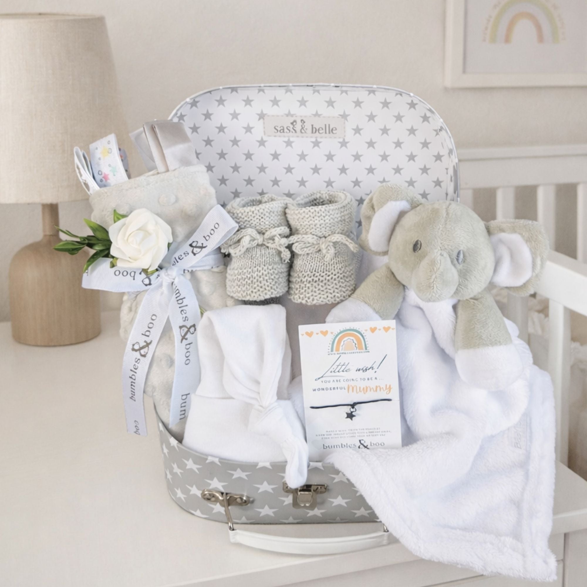 Mummy to be gift hamper with an elephant comforter and white and grey baby essentials