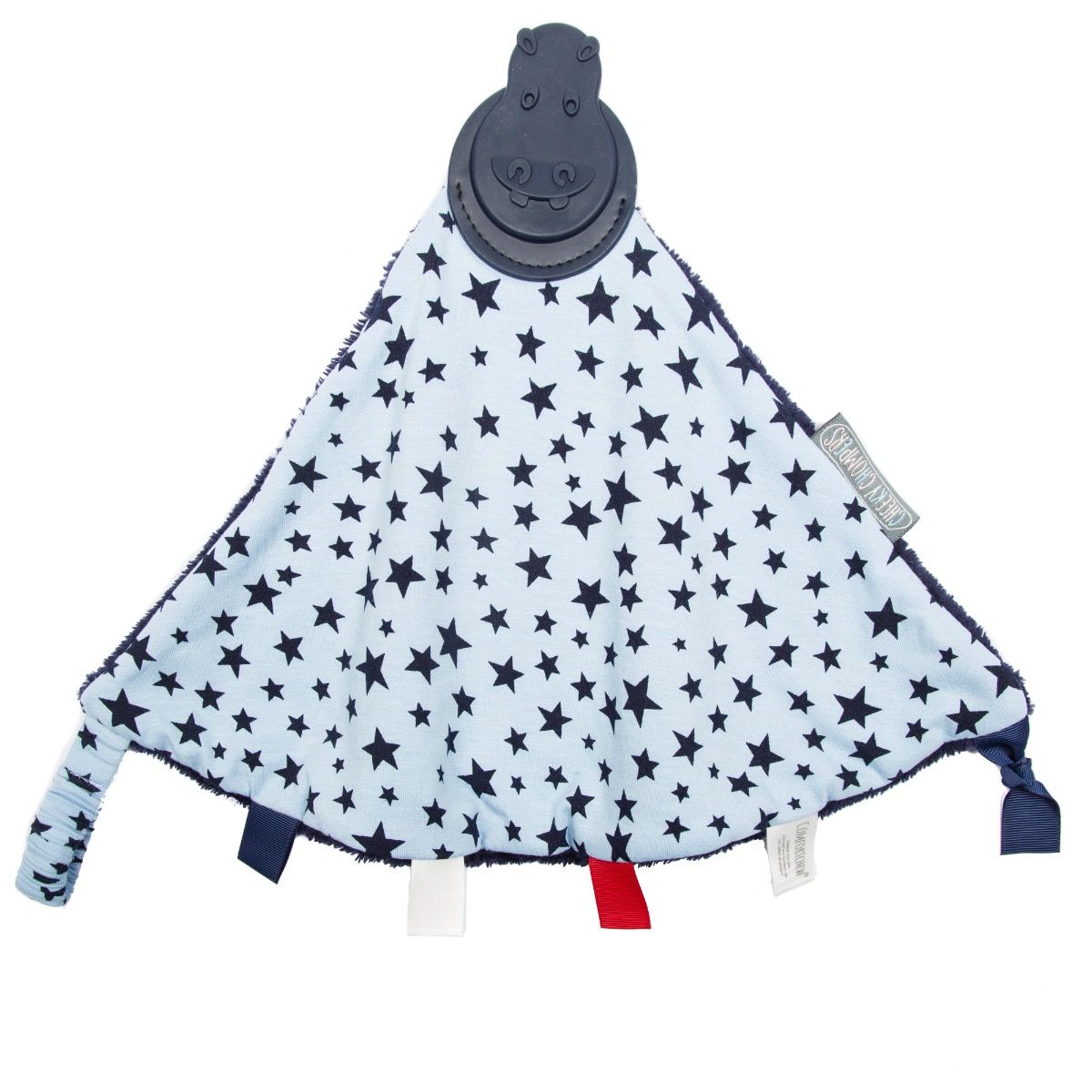 Light blue comforter chew toy with navy starry pattern and ribbon tags