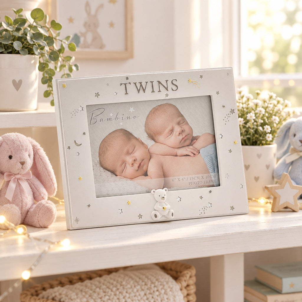 White twins baby photo frame with starry-night design and teddy bear detail