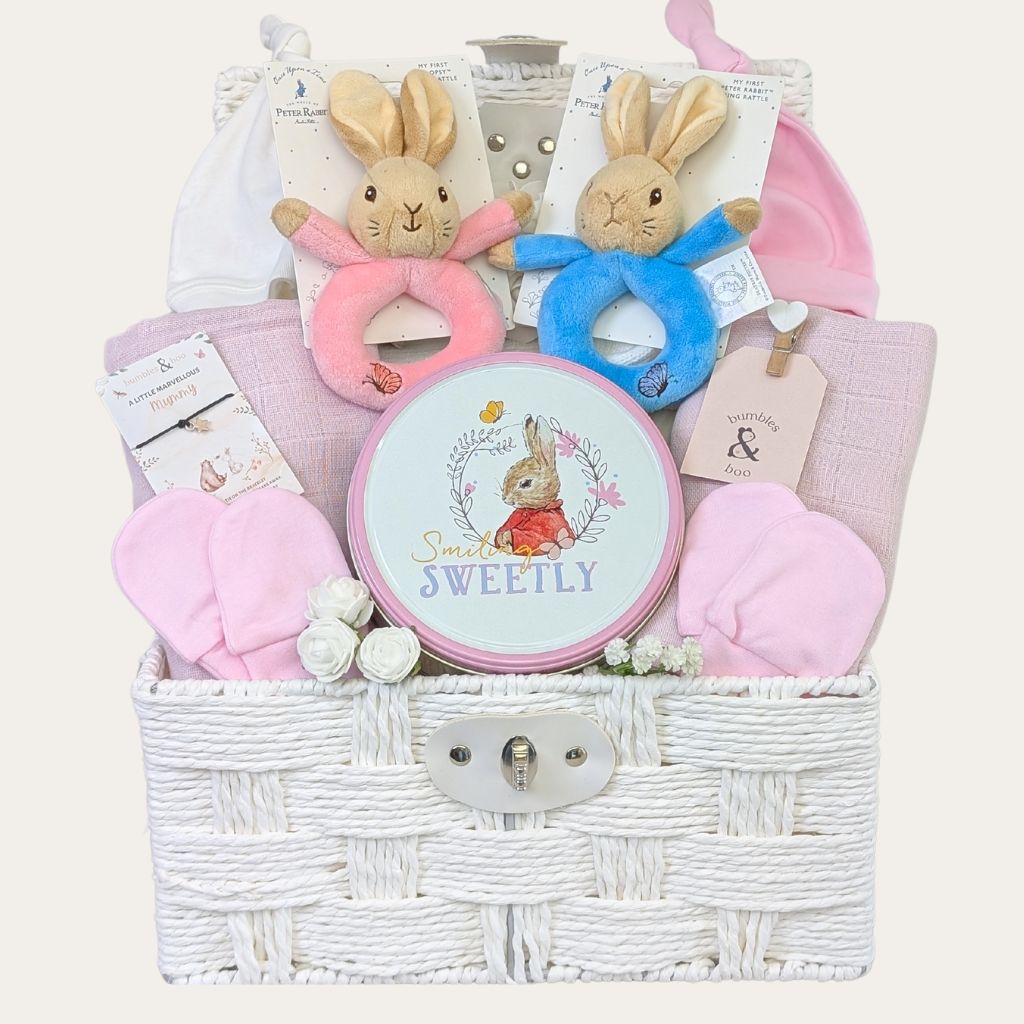 A twins gift hamper to welcome twin babies, pink design by Bumbles and Boo