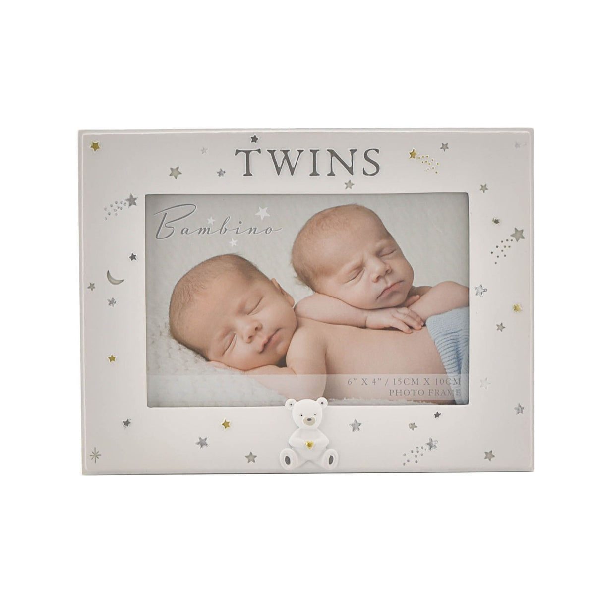 White twins photo frame with teddy bear icon and star detailing