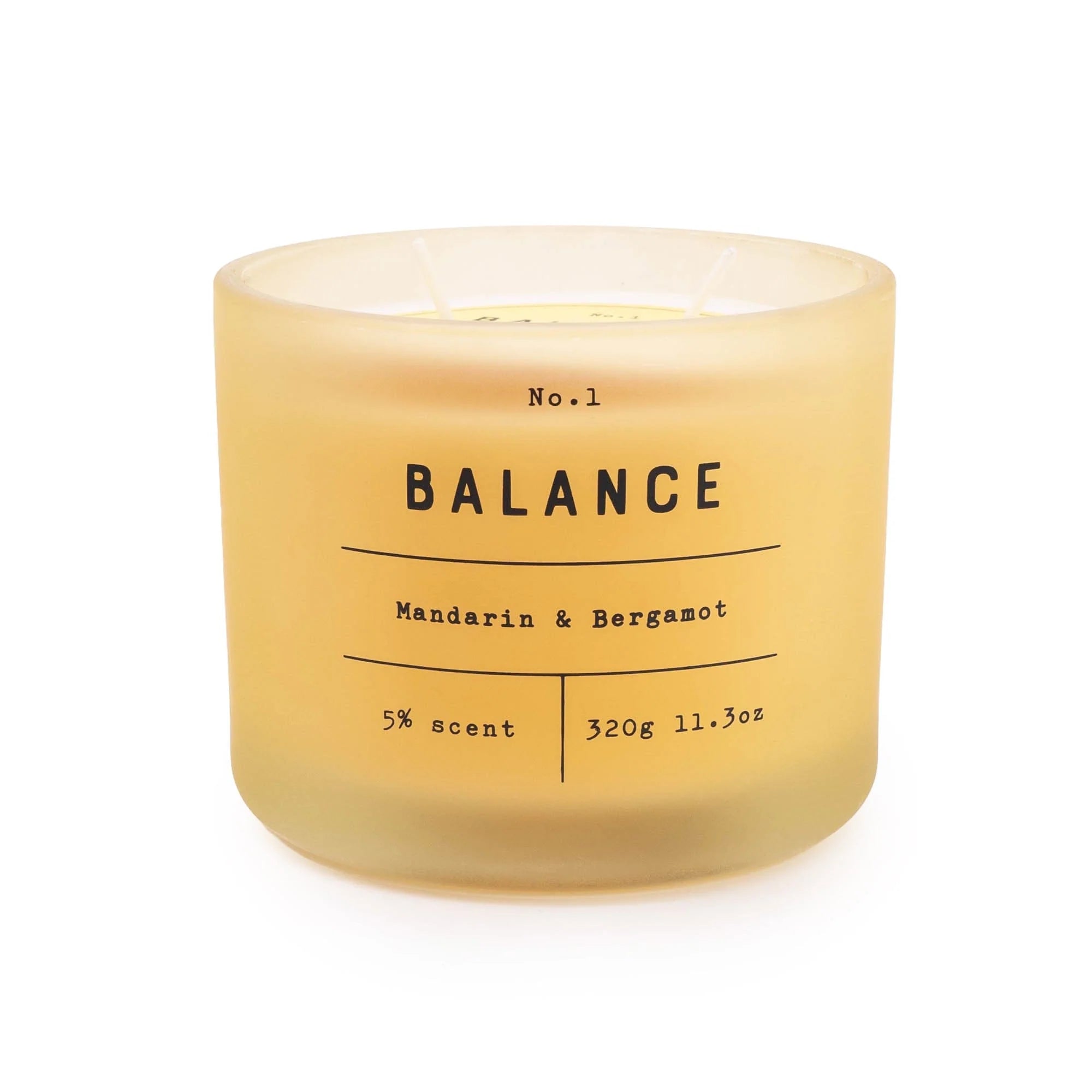 A frosted class 320g yellow 2 wick candle with a mandarin and bergamot fragrance