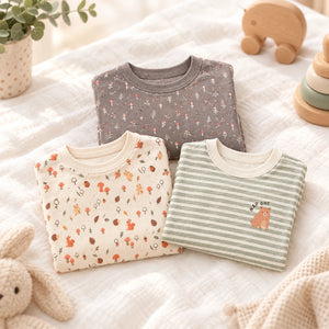 Unisex baby 3 pack long sleeve T-shirts in grey, oatmeal and green