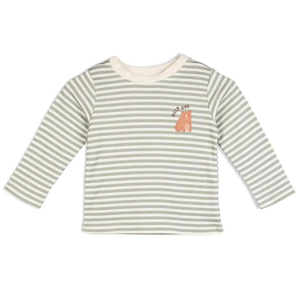 Green striped baby long sleeve T-shirt with bear chest print
