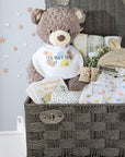 Large teddy bear baby basket with bear, silver plated birth certificate holder, baby clothing set, baby booties, blanket and muslin squares. 