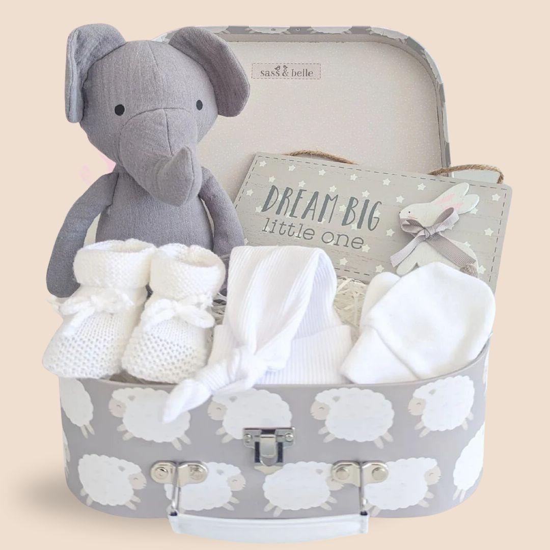 New baby gift set with elephant soft toy, baby knit booties, white hat, white mittens and decorative hanging plaque.
