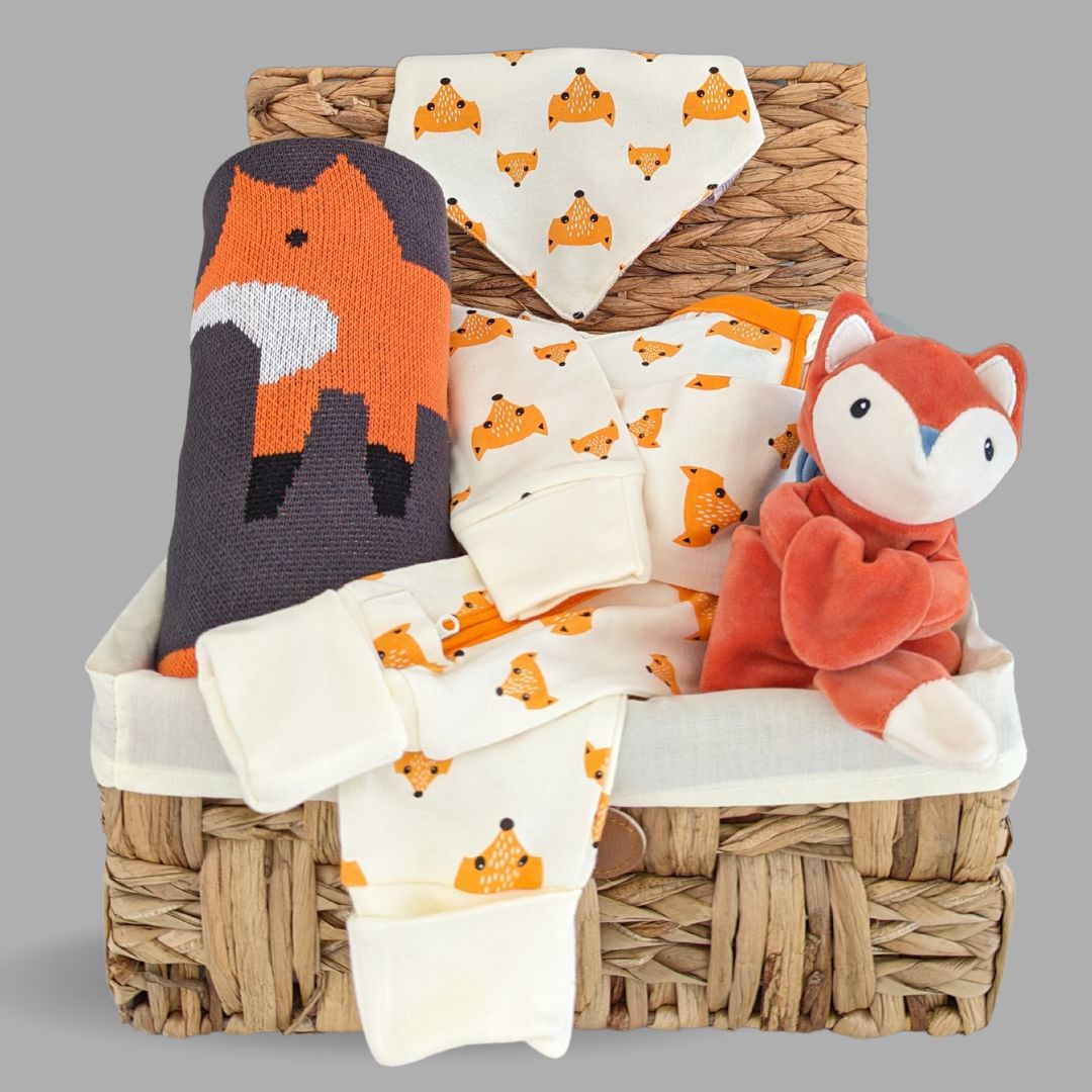 unisex baby gift hamper with fox blanket and clothing