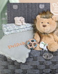 baby gifts hamper with organic blanket and lion theme.