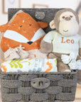 unisex baby basket with monkey and fox theme