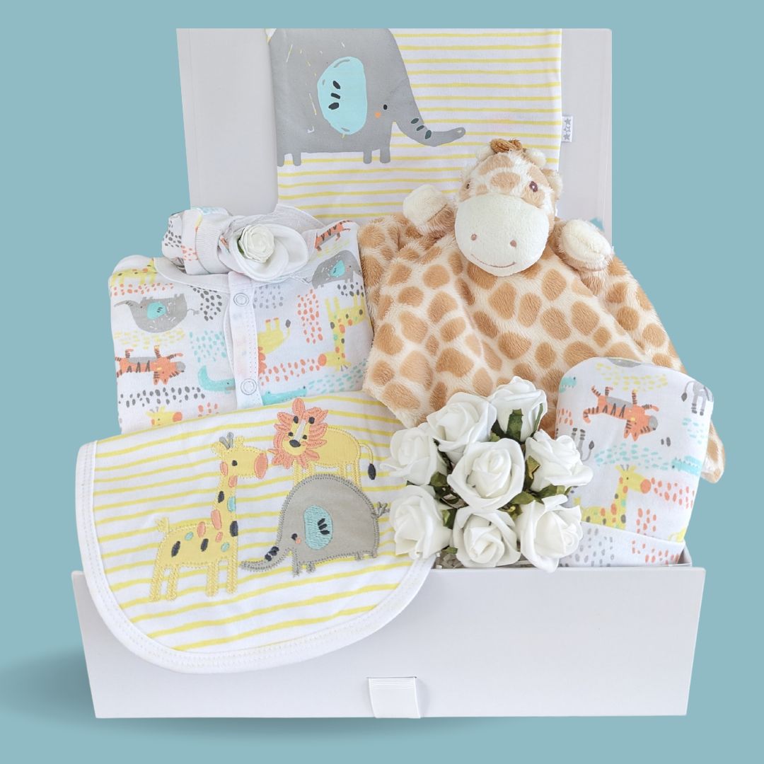 New baby hamper gifts. Safari clothing set with bib, vest, romper and hat. Giraffe finger puppet and baby scratch mittens.