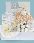 New baby hamper gifts. Safari clothing set with bib, vest, romper and hat. Giraffe finger puppet and baby scratch mittens.